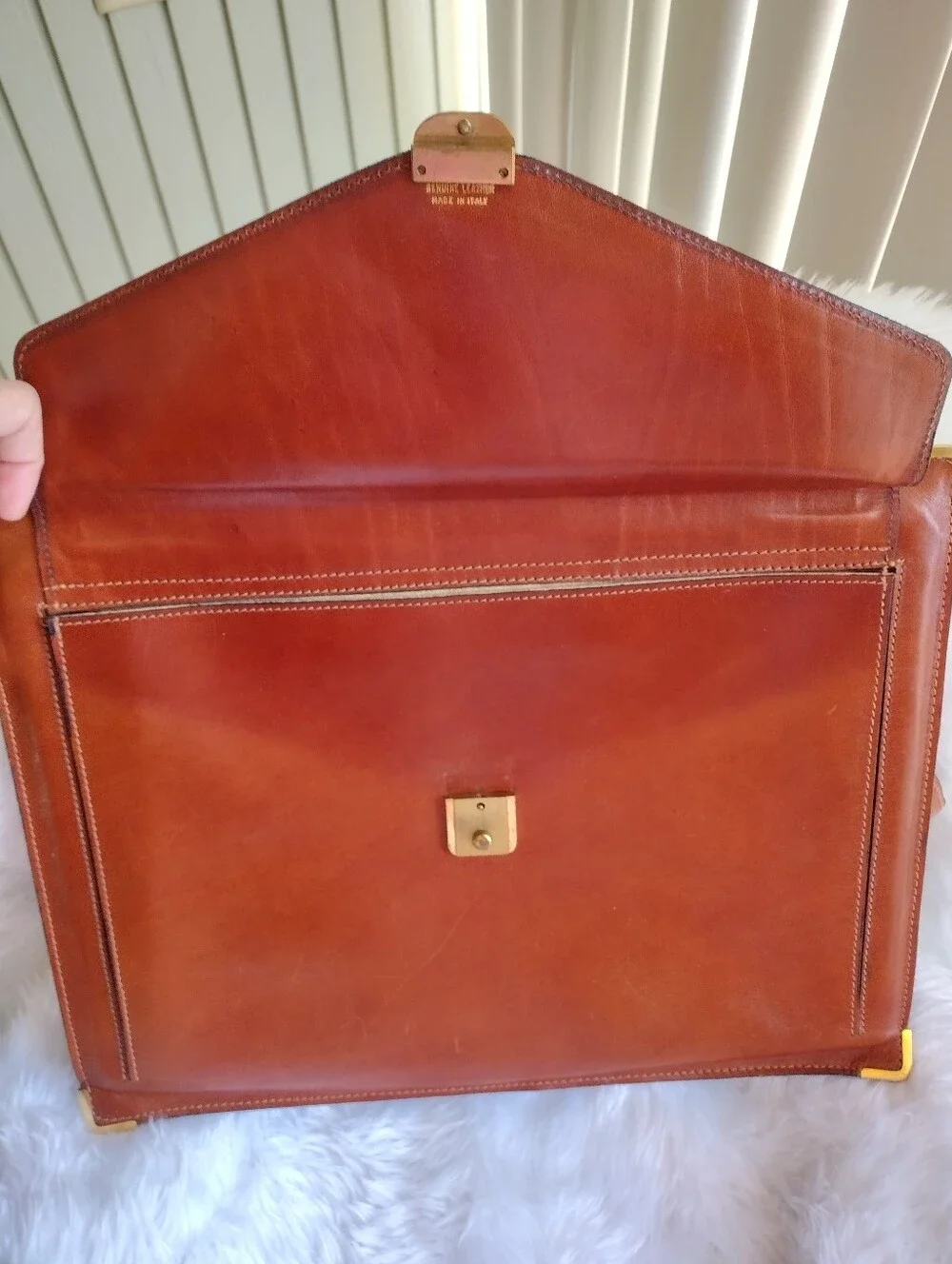 Men's Vintage Leather Briefcase Gold Hardware - Classic Professional Carry